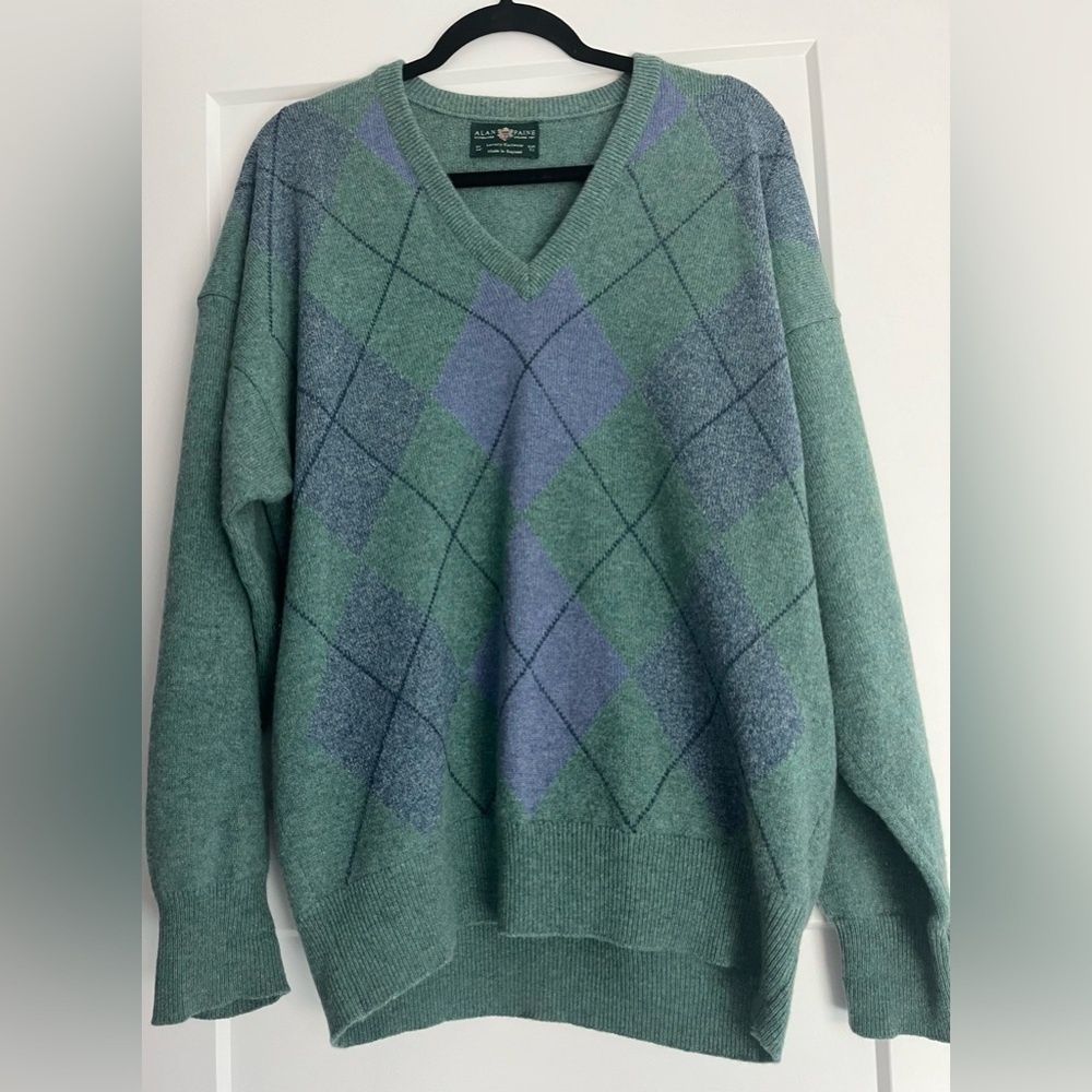 Alan Paine Green & Blue Argyle‎ Lambswool Men's Sweater, XL